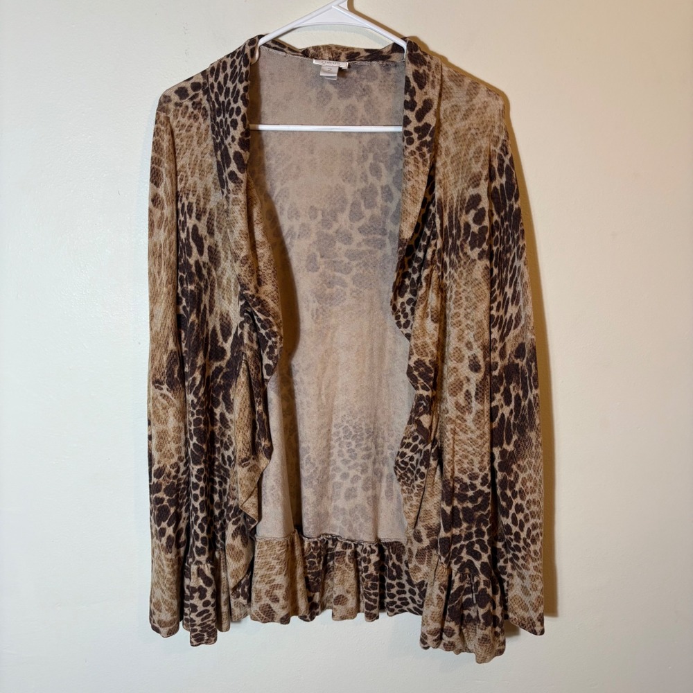 Chicos Animal Print Ruffle Trim Open Front Long Sleeve Cardigan Size 2(12/14)‎